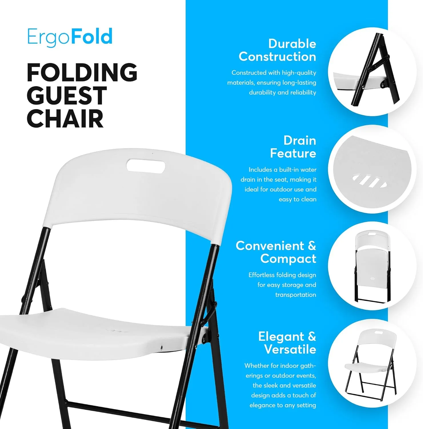 Oline Folding Chair, Indoor Outdoor Plastic Commercial Stackable Foldable Guest Chairs for Events Office Wedding Party Picnic Kitchen Dining, 350lb Capacity (White, 4 Pack)