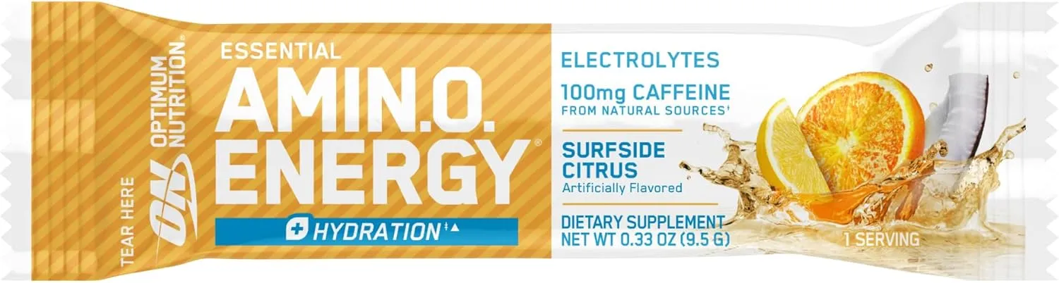 Optimum Nutrition Amino Energy Plus Hydration Packets, On-The-Go Caffiene Stick Packs, Surfside Citrus, 25 Count