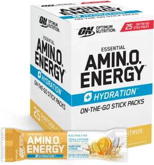 Optimum Nutrition Amino Energy Plus Hydration Packets, On-The-Go Caffiene Stick Packs, Surfside Citrus, 25 Count