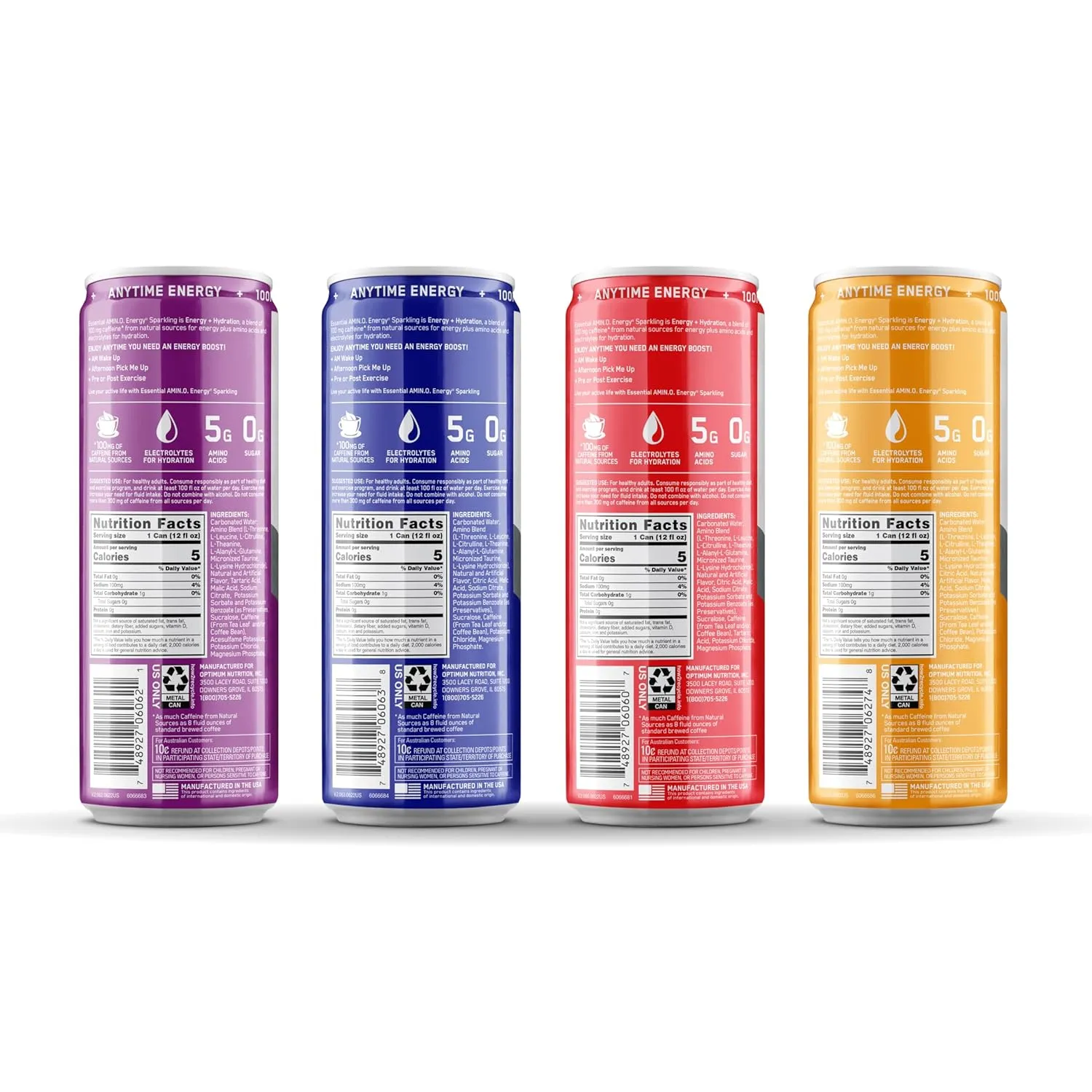 Optimum Nutrition Amino Energy Sparkling Hydration Drink, Electrolytes, Caffeine, Amino Acids, BCAAs, Sugar Free, 12 Fl Oz, Variety Pack of 12 (Packaging May Vary)