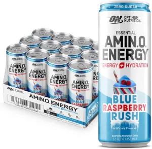 Optimum Nutrition Amino Energy Sparkling Hydration Drink, Electrolytes, Caffeine, Amino Acids, BCAAs, Sugar Free, NEW Blue Raspberry Rush, 12 Fl Oz, 12 Pack (Packaging May Vary)