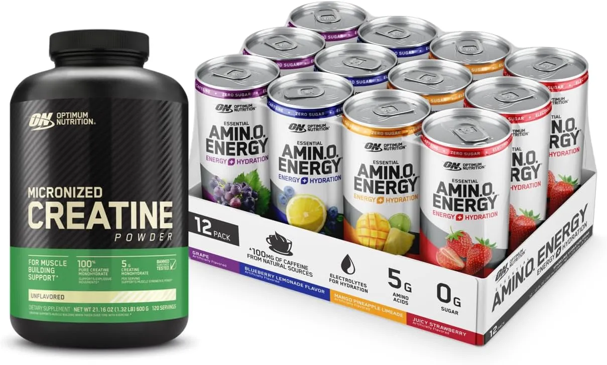 Optimum Nutrition Bundle: Micronized Creatine Monohydrate Powder, Unflavored, 120 Servings   Amino Energy Sparkling Hydration Drink, Electrolytes, Caffeine, BCAA, 12 Fl Oz, Variety Pack of 12