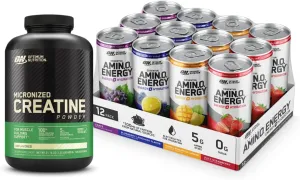 Optimum Nutrition Bundle: Micronized Creatine Monohydrate Powder, Unflavored, 120 Servings   Amino Energy Sparkling Hydration Drink, Electrolytes, Caffeine, BCAA, 12 Fl Oz, Variety Pack of 12