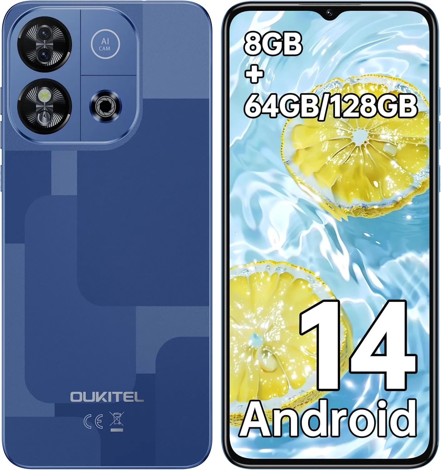 OUKITEL C57S Cell Phone Unlocked - 8GB RAM 64/128GB ROM Octa Core Android 14 Smartphone, 6.52 inch HD , 4300mAh Mobile Phones, 13MP 5MP Cell Phones 4G Dual SIM, Face ID/GPS/3.5mm Jack, T-Mobile - Blue