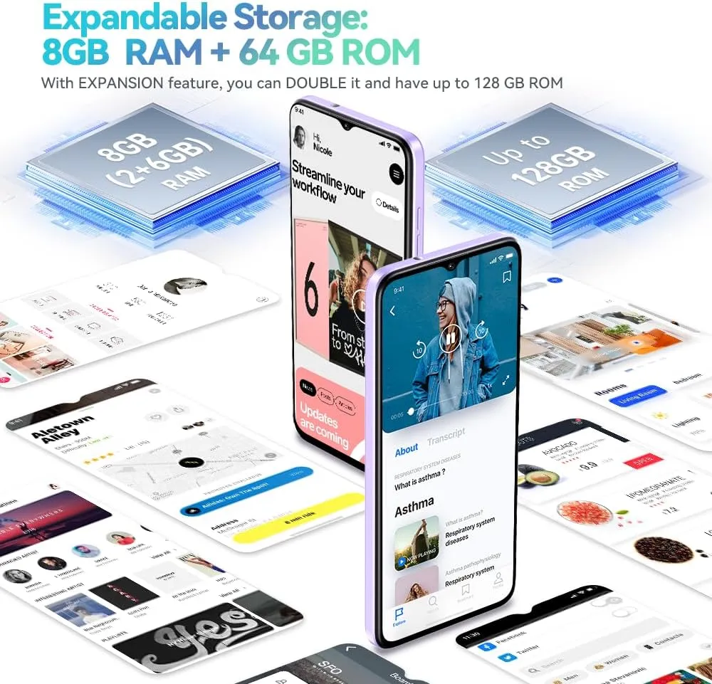 OUKITEL C57S Cell Phone Unlocked - 8GB RAM 64/128GB ROM Octa Core Android 14 Smartphone, 6.52 inch HD , 4300mAh Mobile Phones, 13MP 5MP Cell Phones 4G Dual SIM, Face ID/GPS/3.5mm Jack, T-Mobile - Blue