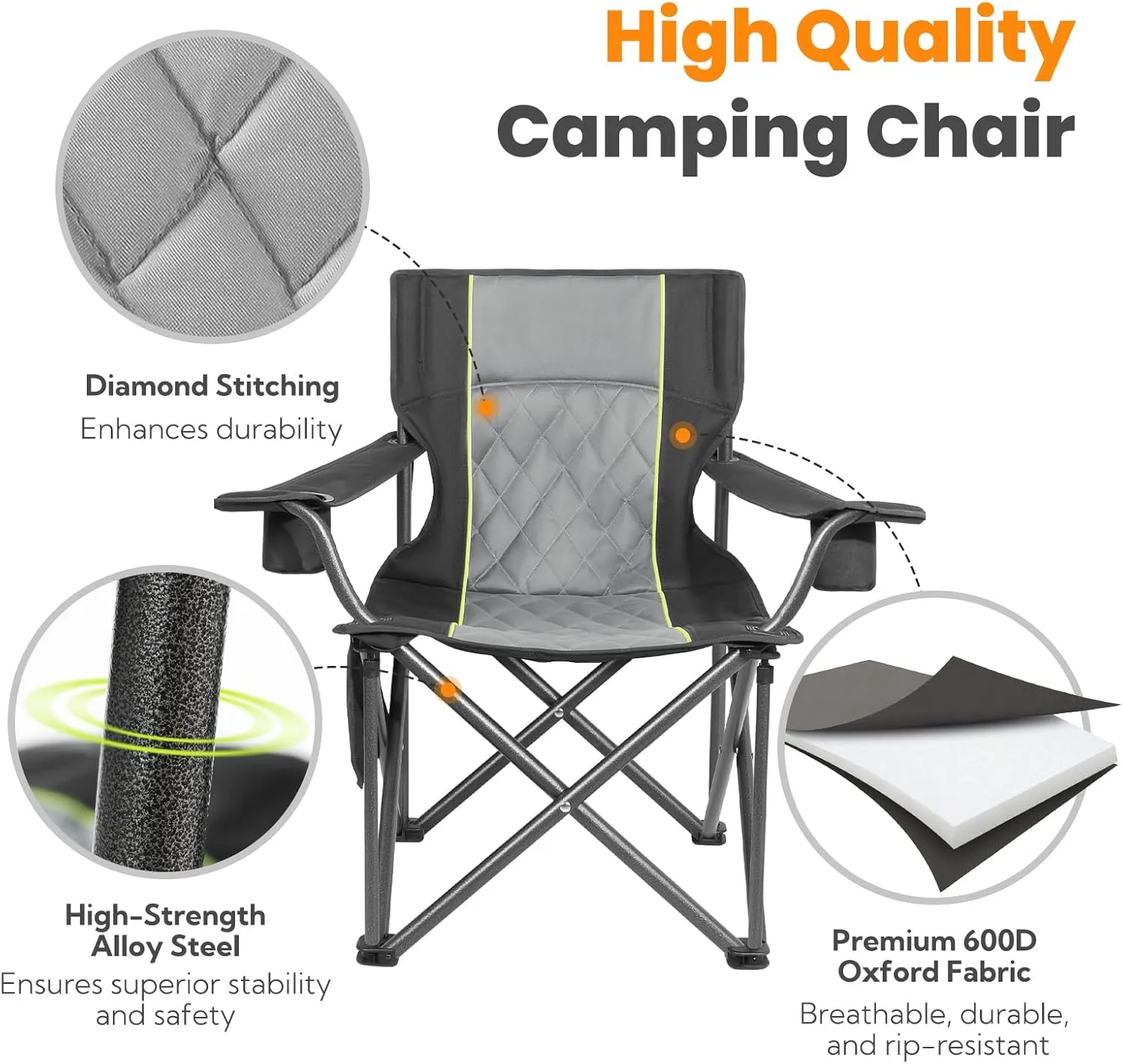 Outdoor Large Camping Chairs for Adults, Heavy Duty Camp Chair Support 800lbs, King Kong Folding Chairs with Padded and Pocket for Outside, Sports, Lawn, Built Durable and Reliable, Black