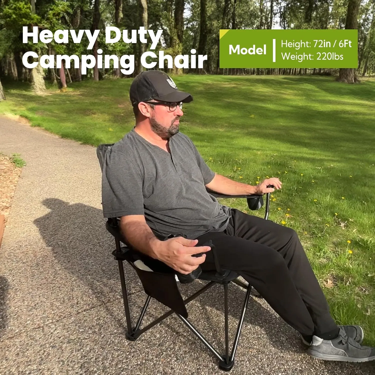 Outdoor Large Camping Chairs for Adults, Heavy Duty Camp Chair Support 800lbs, King Kong Folding Chairs with Padded and Pocket for Outside, Sports, Lawn, Built Durable and Reliable, Black