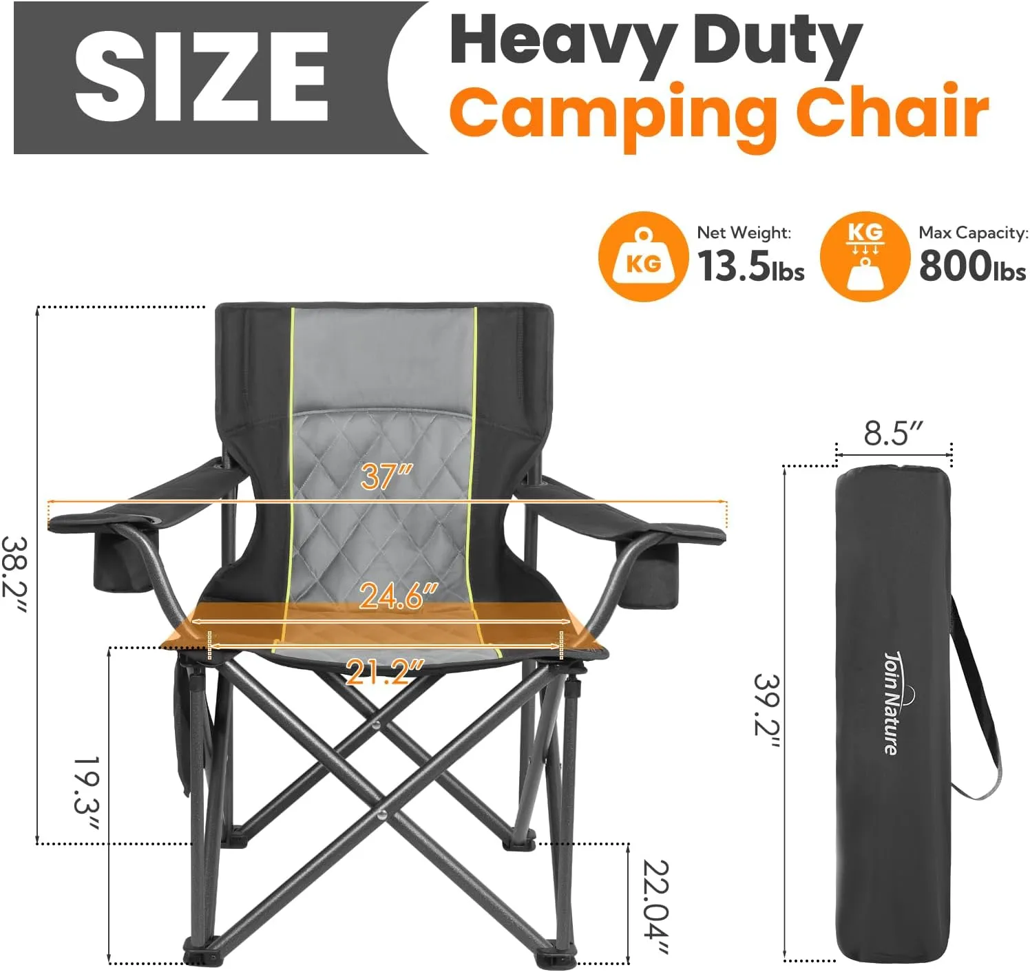 Outdoor Large Camping Chairs for Adults, Heavy Duty Camp Chair Support 800lbs, King Kong Folding Chairs with Padded and Pocket for Outside, Sports, Lawn, Built Durable and Reliable, Black