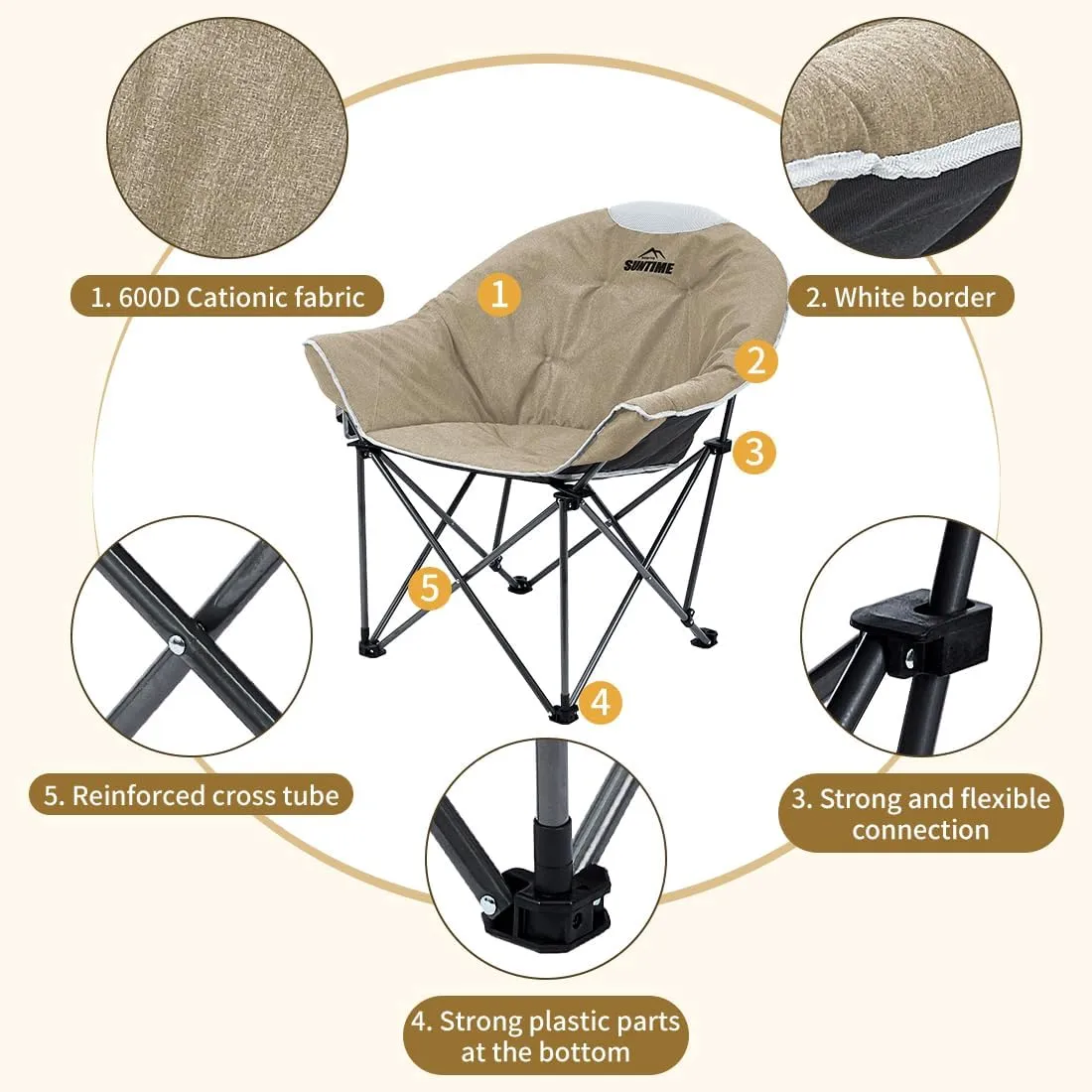 OUTDOOR LIVING SUNTIME Oversized Padded Camping Chair,Portable Comfy Outdoor Folding Moon Round Saucer Chairs for Adults with Holder and Carry Bag, Perfect for Hiking Lawn Patio Sports（Beige 2 Pack）