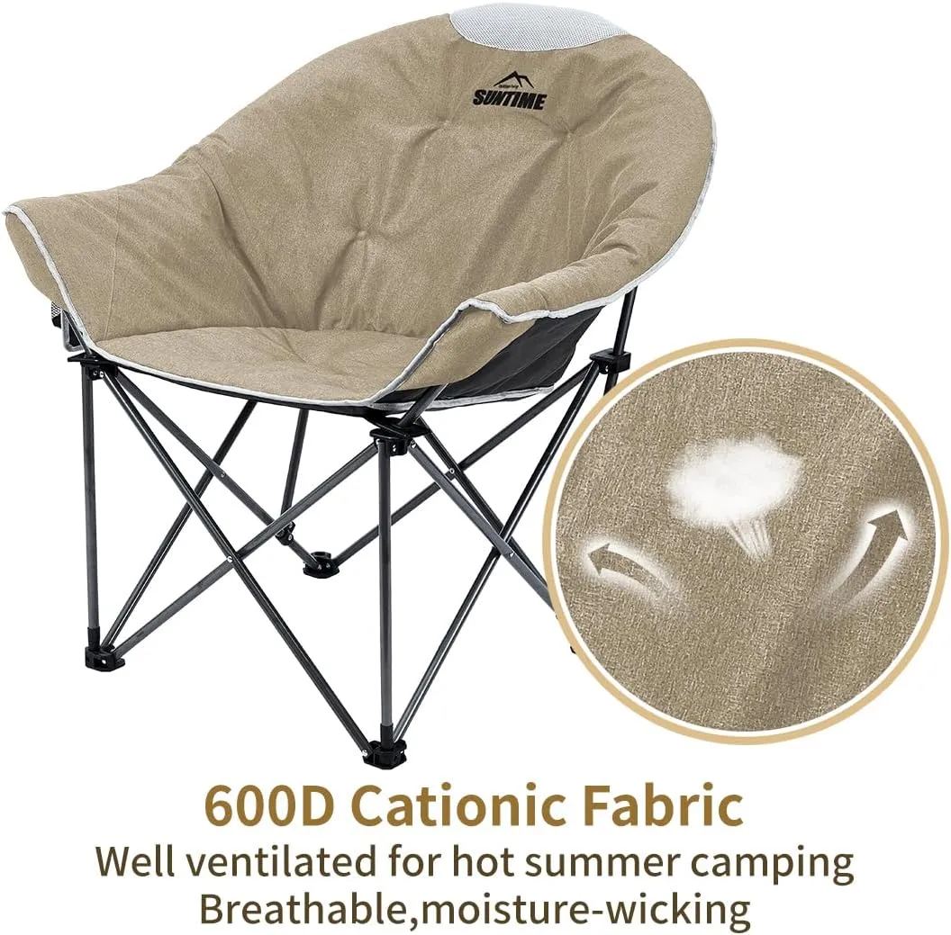 OUTDOOR LIVING SUNTIME Oversized Padded Camping Chair,Portable Comfy Outdoor Folding Moon Round Saucer Chairs for Adults with Holder and Carry Bag, Perfect for Hiking Lawn Patio Sports（Beige 2 Pack）