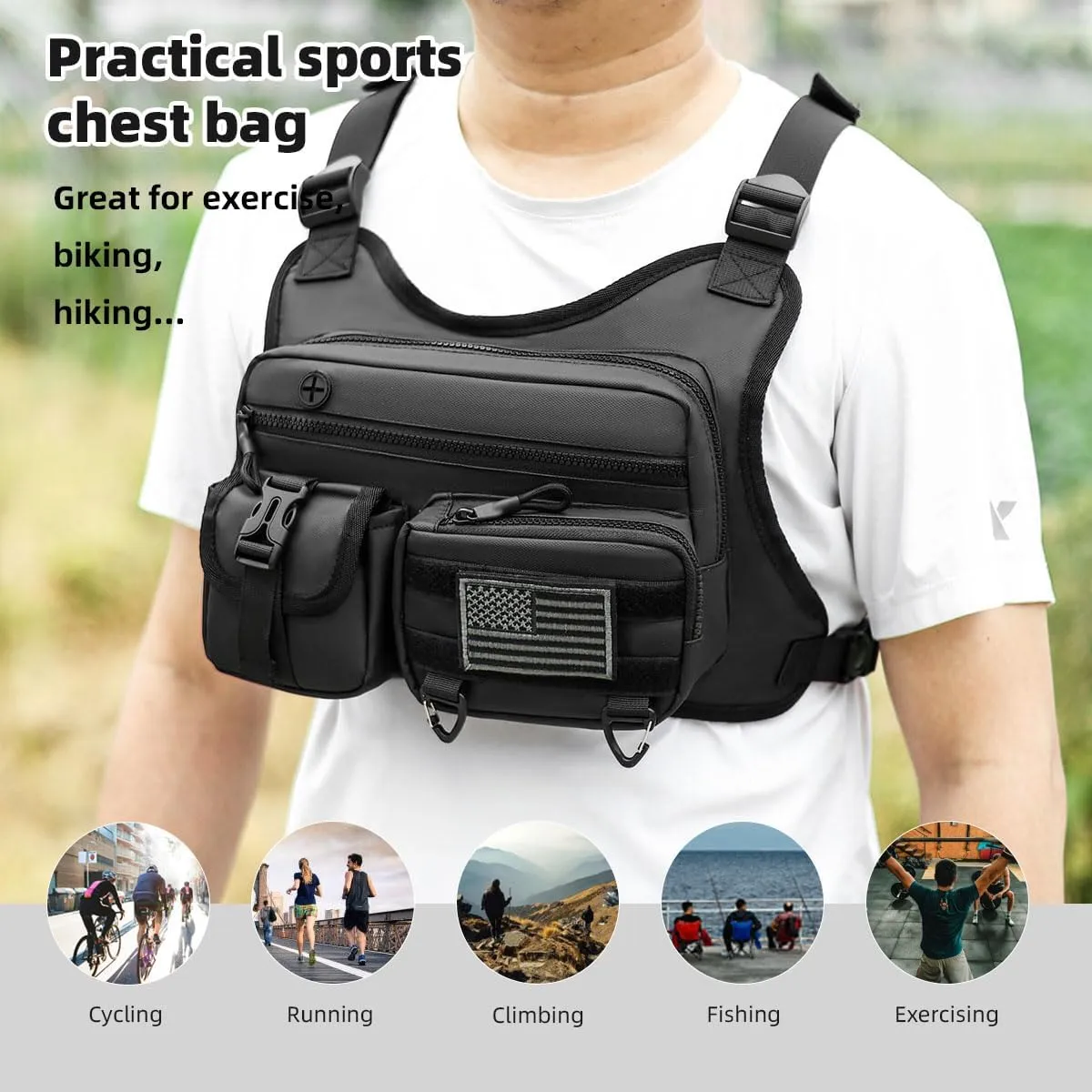 Outdoor Sports Chest Bag for Men and Women, Tactical Vest For Running, Hiking, Cycling, EDC Travel Chest Pack Rig, Water Resistant Lightweight Front Running Vest Bag With Extra Storage