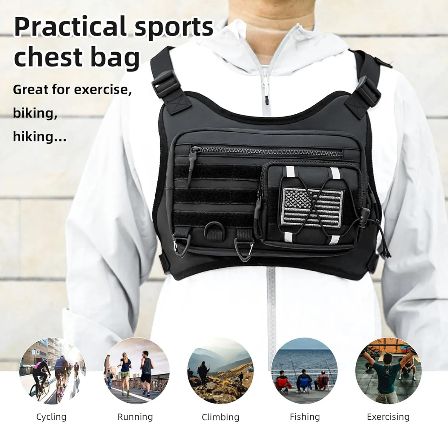 Outdoor Sports Chest Bag for Men, Water Resistant Lightweight Running Vest EDC Chest Pack for Workouts Hiking Cycling