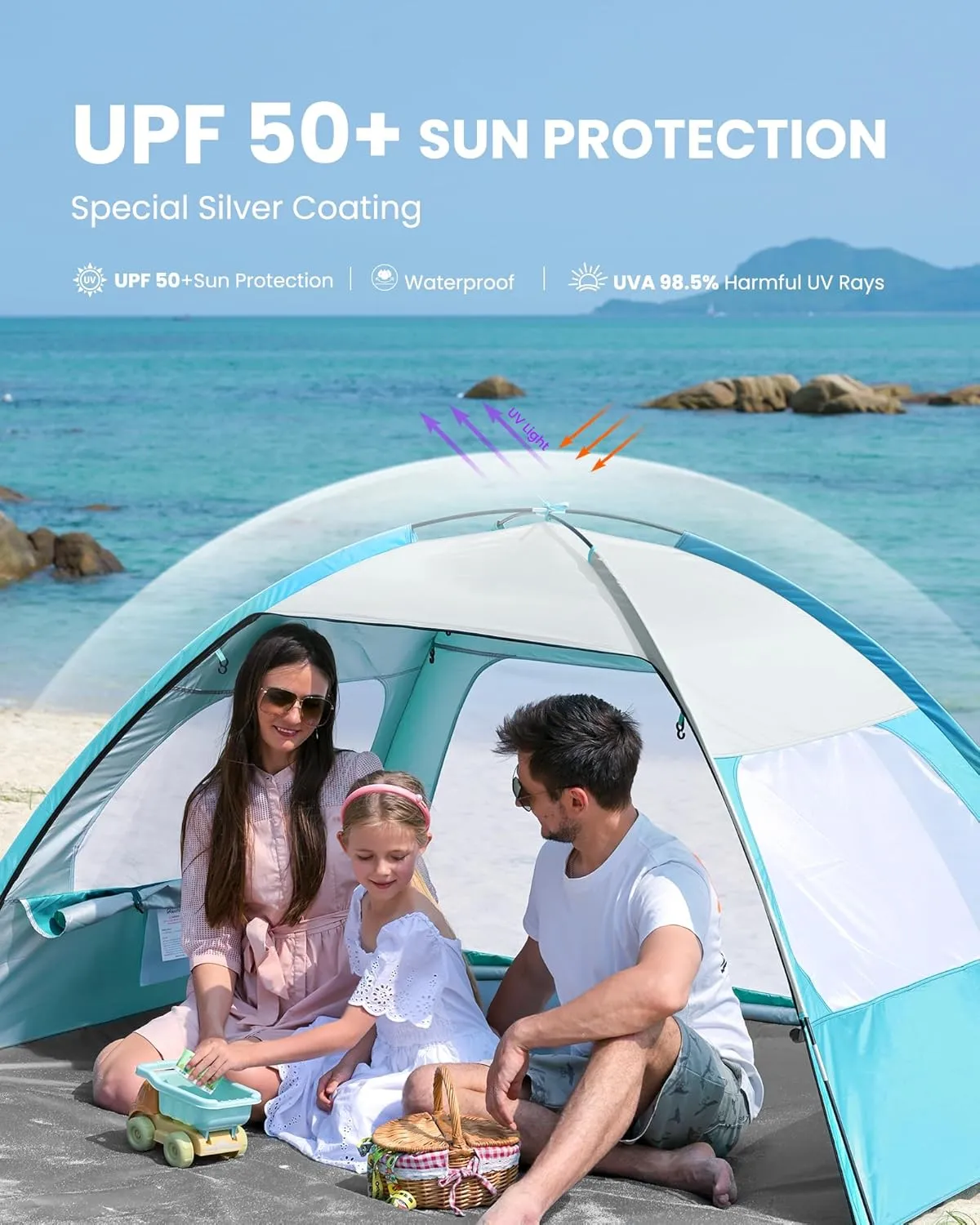 OutdoorMaster Beach Tent for 3/4 Person - Easy Setup Sun Shade Shelter, Portable Beach Shade Sun Canopy with UPF 50  UV Protection, Removable Skylight Family Size