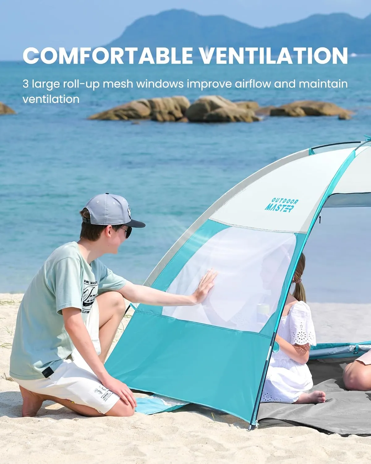 OutdoorMaster Beach Tent for 3/4 Person - Easy Setup Sun Shade Shelter, Portable Beach Shade Sun Canopy with UPF 50  UV Protection, Removable Skylight Family Size
