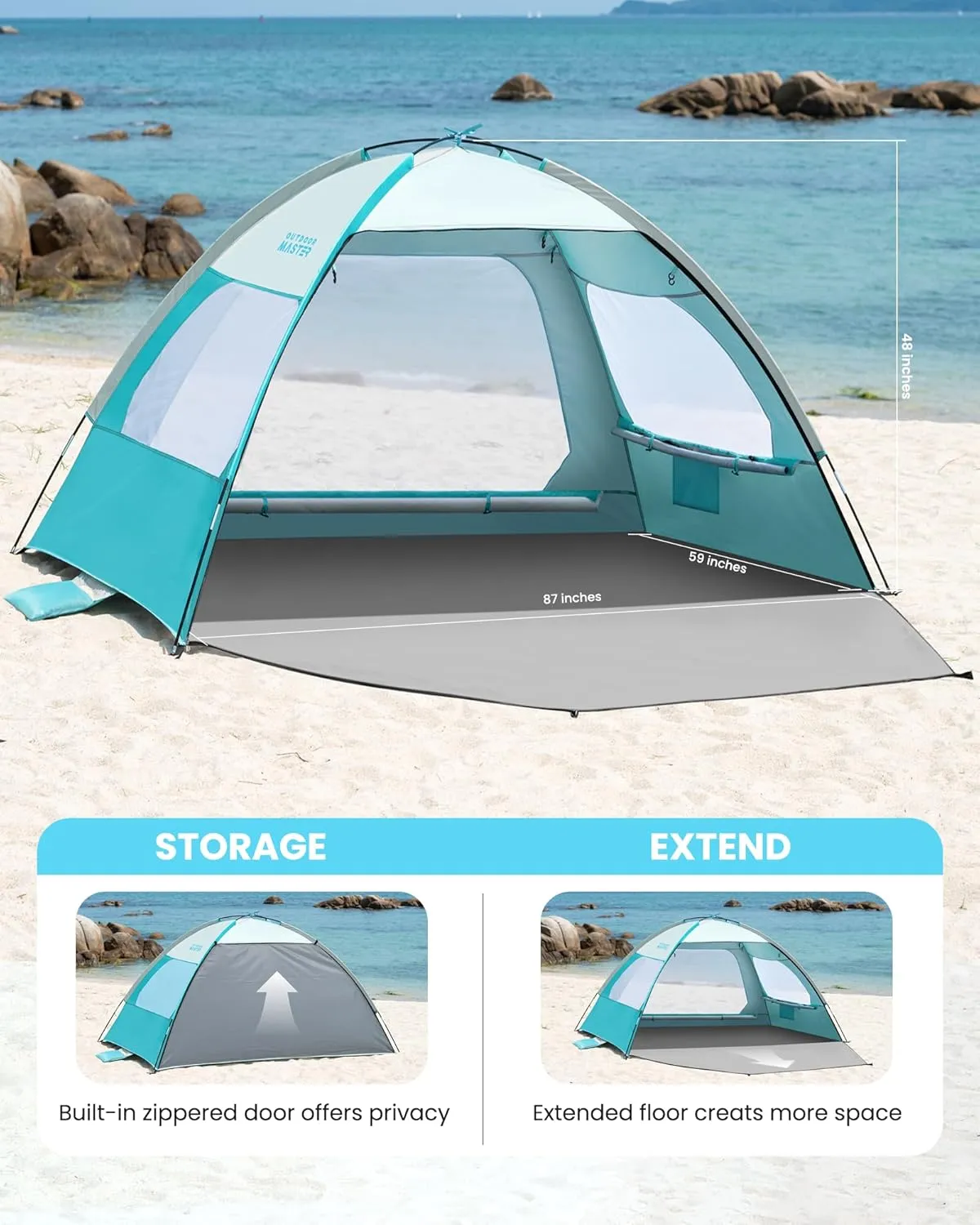 OutdoorMaster Beach Tent for 3/4 Person - Easy Setup Sun Shade Shelter, Portable Beach Shade Sun Canopy with UPF 50  UV Protection, Removable Skylight Family Size