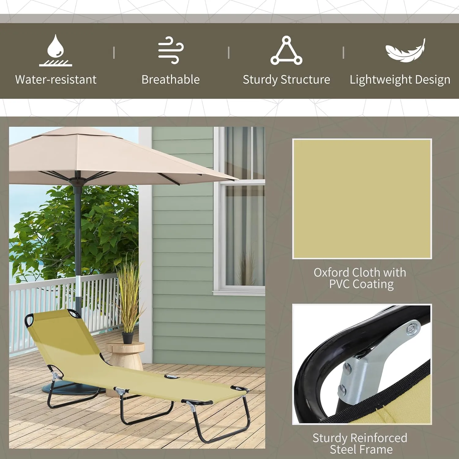 Outsunny Folding Chaise Lounge Pool Chairs, Outdoor Sun Tanning Chairs with 5-Level Reclining Back, Steel Frame for Beach, Yard, Patio, Beige