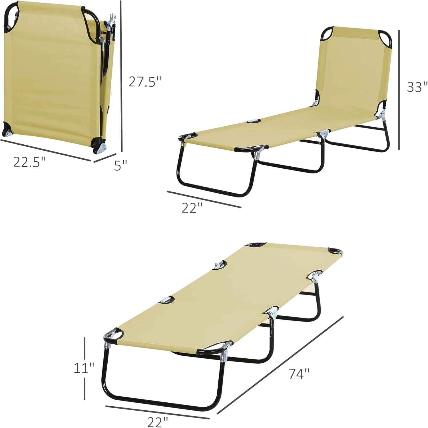 Outsunny Folding Chaise Lounge Pool Chairs, Outdoor Sun Tanning Chairs with 5-Level Reclining Back, Steel Frame for Beach, Yard, Patio, Beige