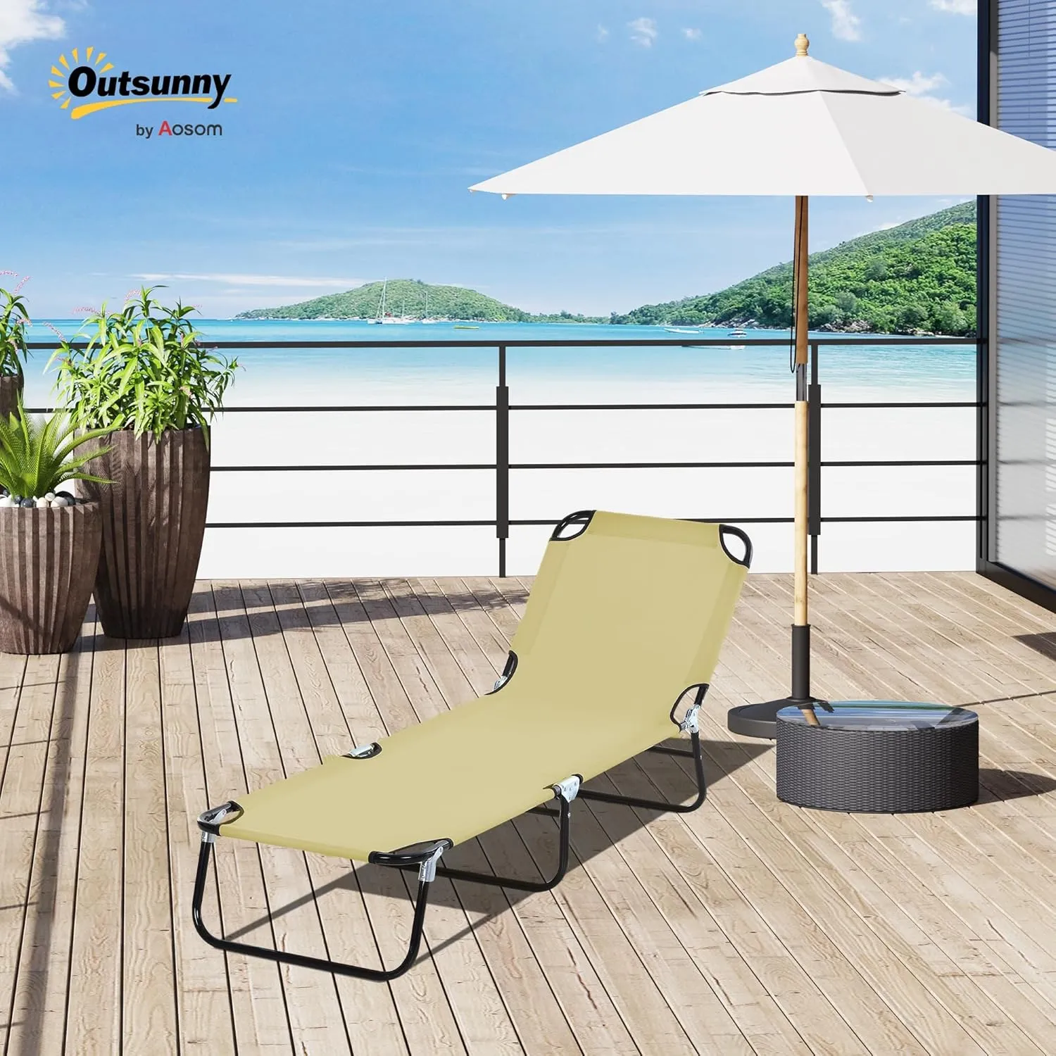Outsunny Folding Chaise Lounge Pool Chairs, Outdoor Sun Tanning Chairs with 5-Level Reclining Back, Steel Frame for Beach, Yard, Patio, Beige