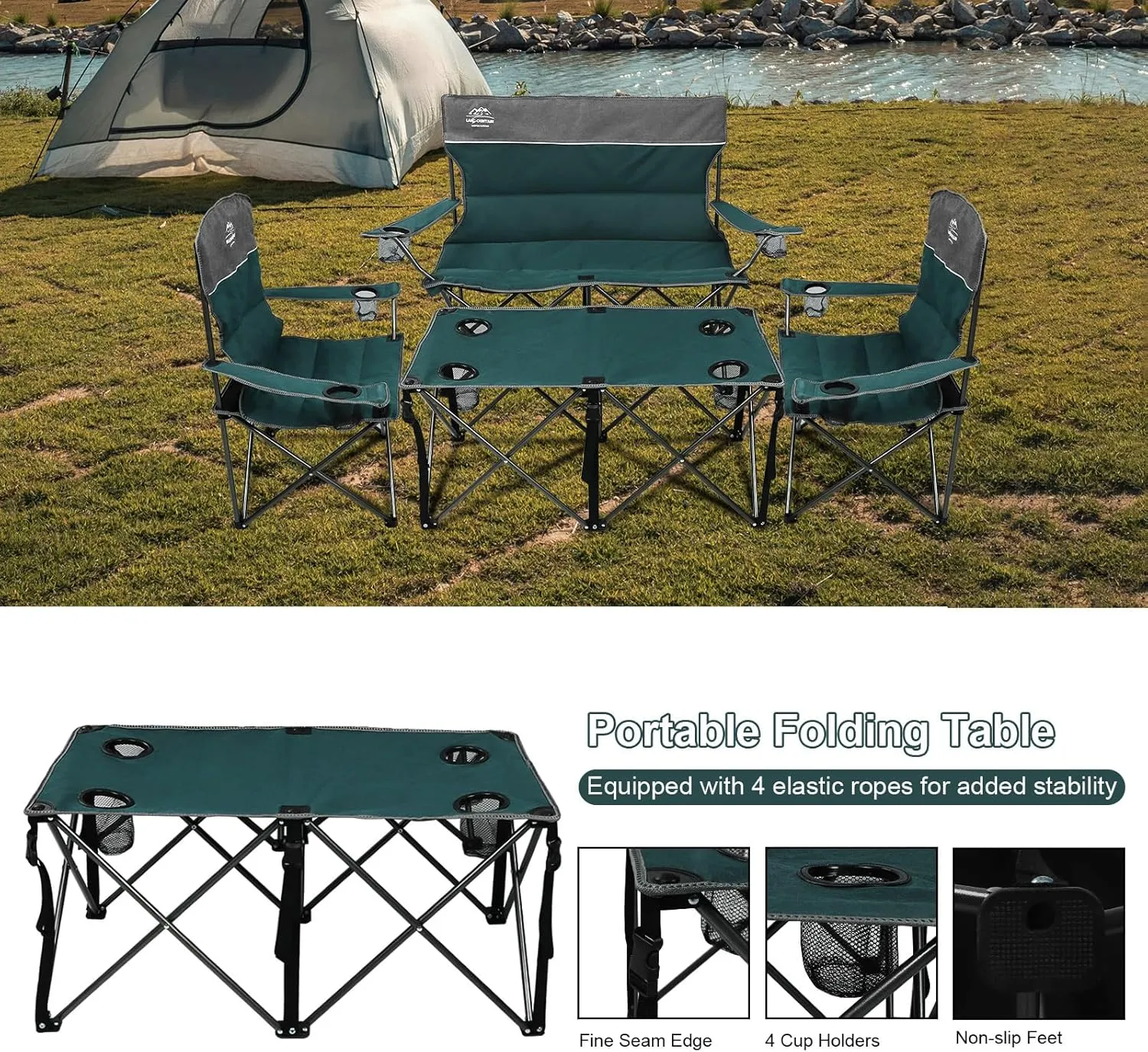 Oversized 4 Pcs Camping Chair Set with Table,Outdoor Folding Heavy Duty Lawn Chair,Cup Holder,Portable,Loveseat Chair Perfect for Family Hiking,Picnics and Beach Trips,Bistro Green