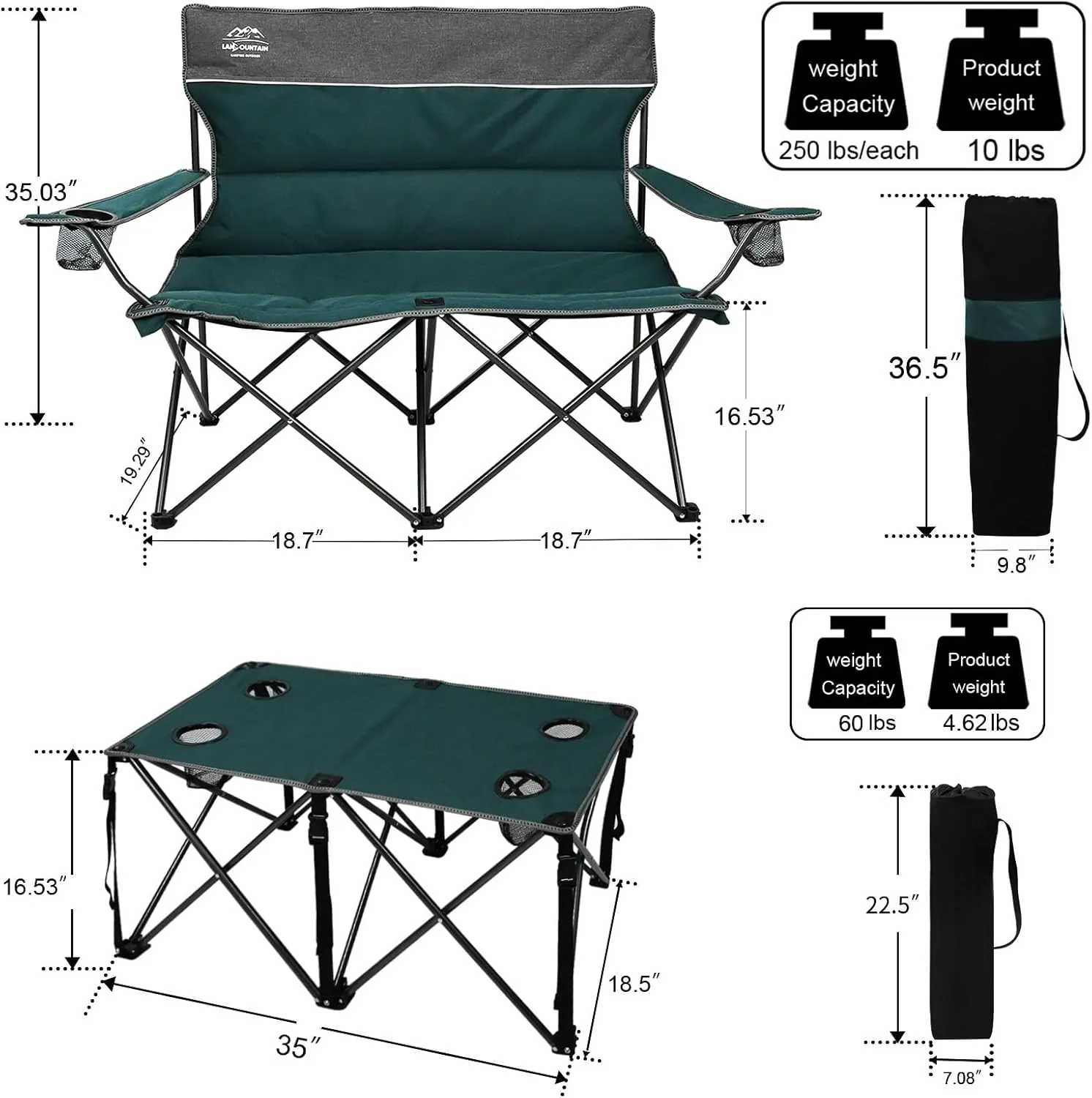 Oversized 4 Pcs Camping Chair Set with Table,Outdoor Folding Heavy Duty Lawn Chair,Cup Holder,Portable,Loveseat Chair Perfect for Family Hiking,Picnics and Beach Trips,Bistro Green
