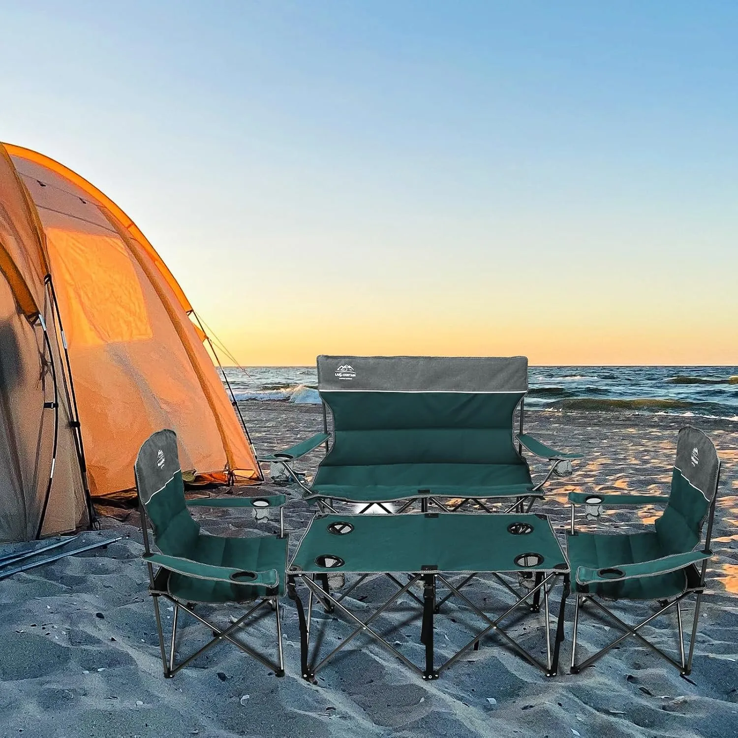 Oversized 4 Pcs Camping Chair Set with Table,Outdoor Folding Heavy Duty Lawn Chair,Cup Holder,Portable,Loveseat Chair Perfect for Family Hiking,Picnics and Beach Trips,Bistro Green