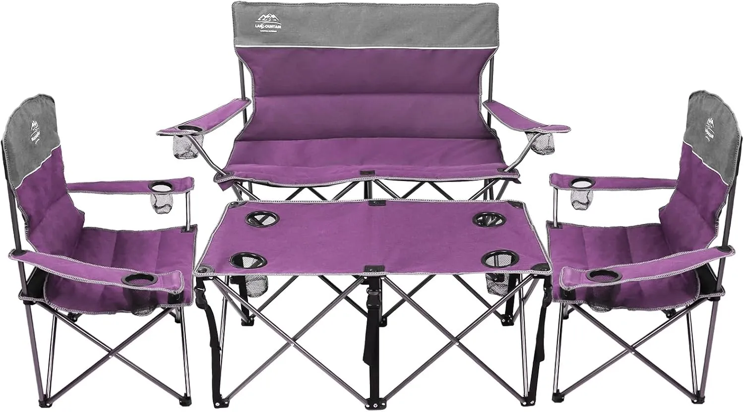 Oversized 4 Pcs Camping Chair Set with Table,Outdoor Folding Heavy Duty Lawn Chair,Cup Holder,Portable,Loveseat Chair Perfect for Family Hiking,Picnics and Beach Trips,Purple