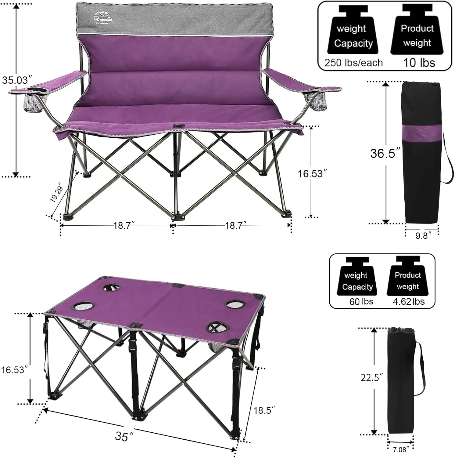 Oversized 4 Pcs Camping Chair Set with Table,Outdoor Folding Heavy Duty Lawn Chair,Cup Holder,Portable,Loveseat Chair Perfect for Family Hiking,Picnics and Beach Trips,Purple