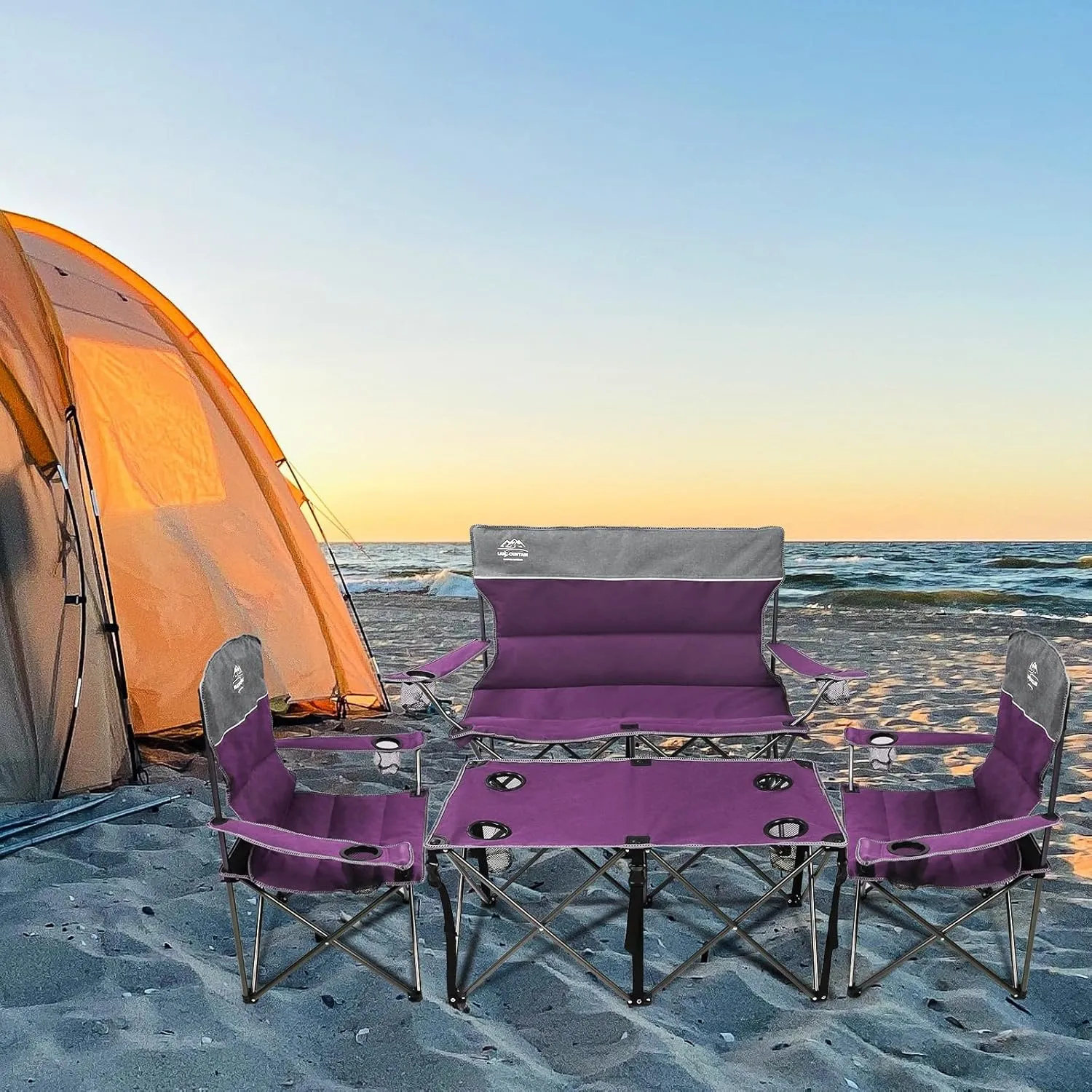 Oversized 4 Pcs Camping Chair Set with Table,Outdoor Folding Heavy Duty Lawn Chair,Cup Holder,Portable,Loveseat Chair Perfect for Family Hiking,Picnics and Beach Trips,Purple