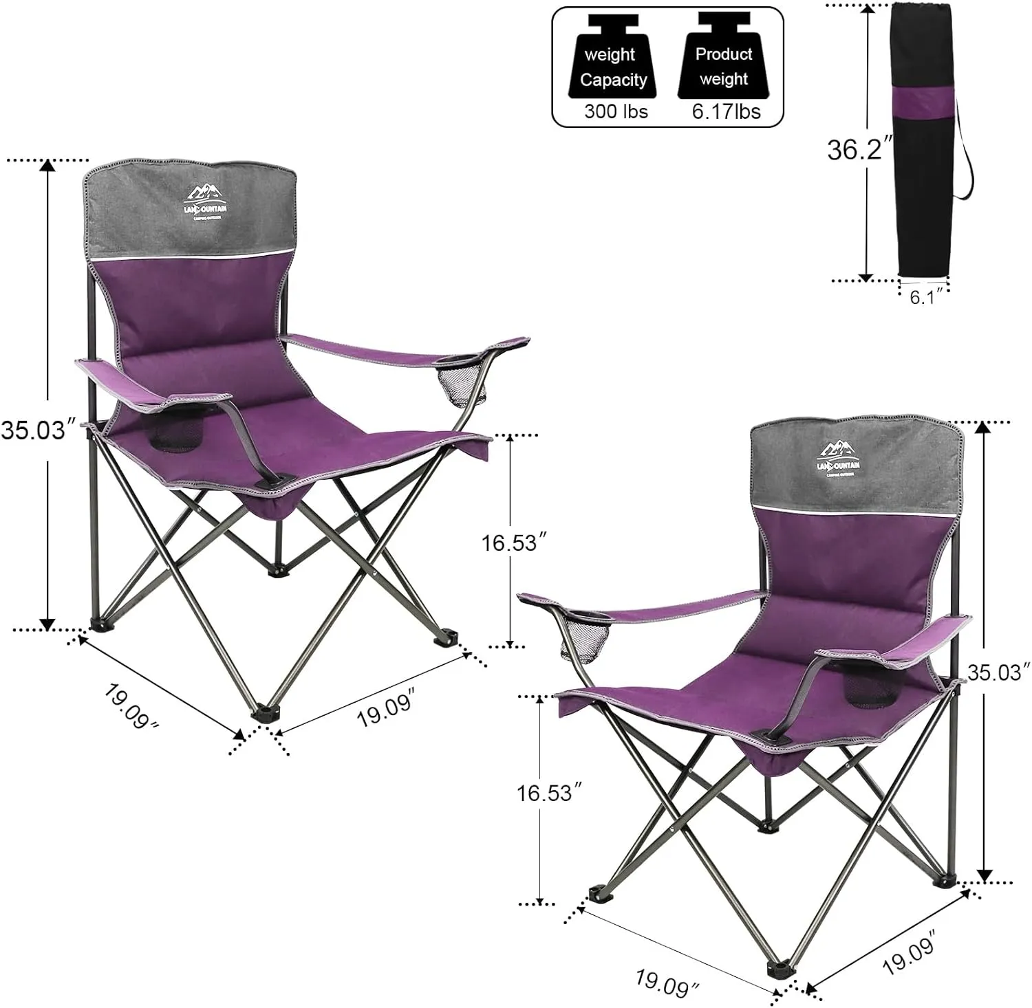 Oversized 4 Pcs Camping Chair Set with Table,Outdoor Folding Heavy Duty Lawn Chair,Cup Holder,Portable,Loveseat Chair Perfect for Family Hiking,Picnics and Beach Trips,Purple