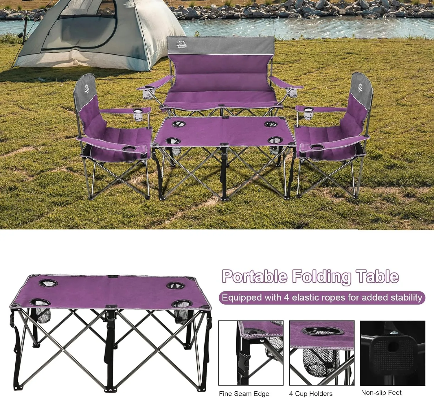 Oversized 4 Pcs Camping Chair Set with Table,Outdoor Folding Heavy Duty Lawn Chair,Cup Holder,Portable,Loveseat Chair Perfect for Family Hiking,Picnics and Beach Trips,Purple