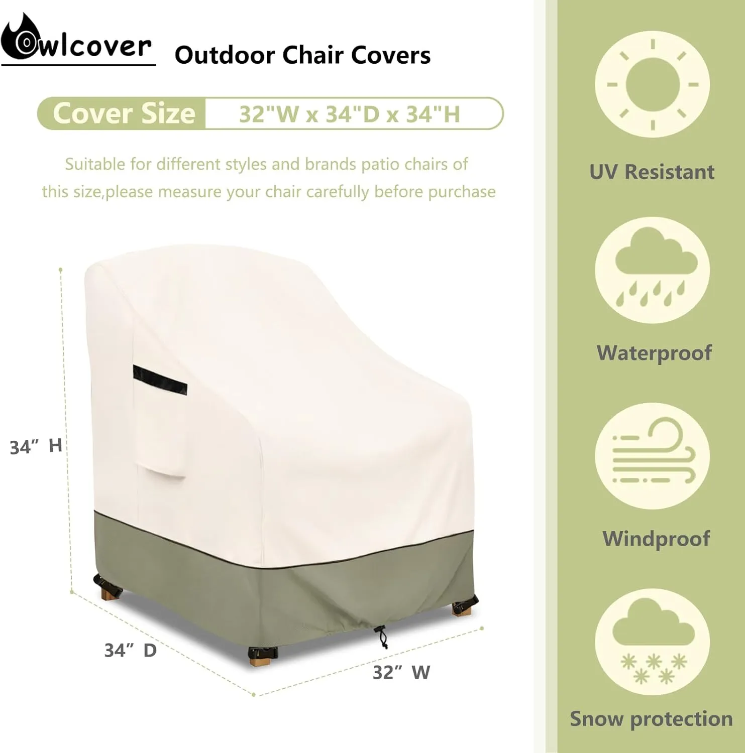 Patio Chair Cover - Heavy-Duty Waterproof Outdoor Furniture Covers with Adjustable Straps, All-Weather Protection for Deep Seat Chairs up to (32"W x 34"D x 34"H)