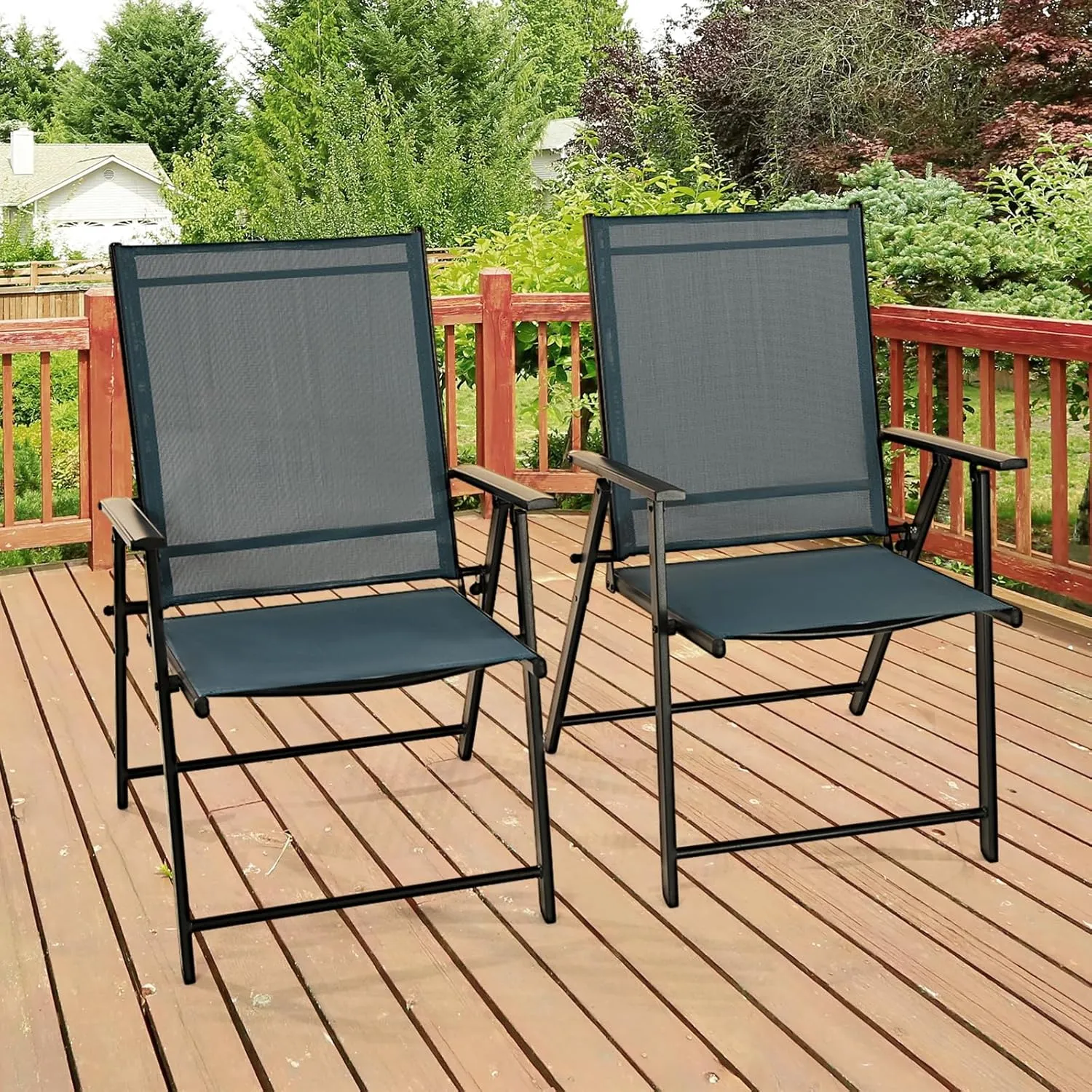 Patio Folding Chairs Set of 2, Outdoor Lawn Chairs with Rustproof Metal Frame, Portable Dining Chairs for Porch, Deck, Garden, Backyard, Camping（Dark Blue）