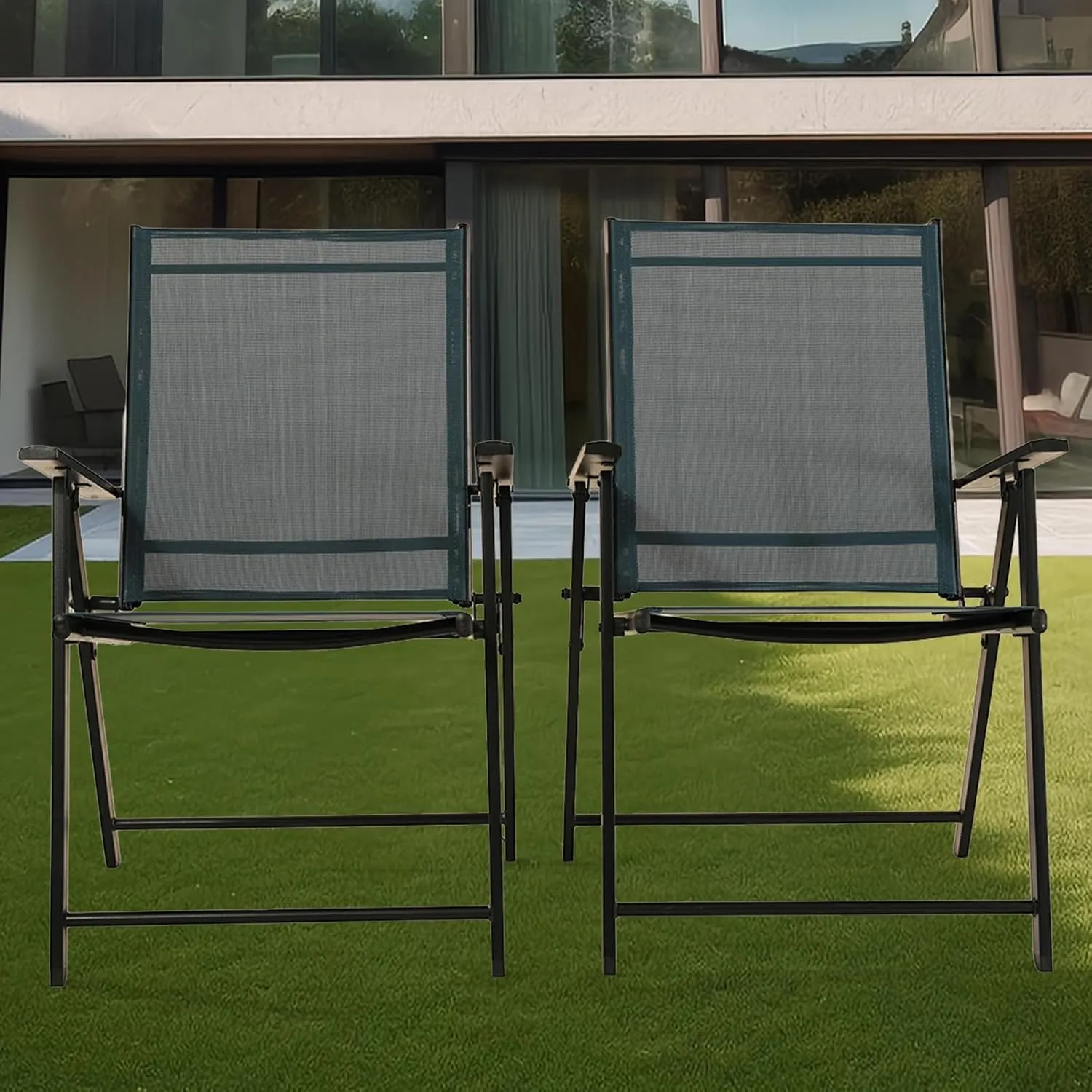 Patio Folding Chairs Set of 2, Outdoor Lawn Chairs with Rustproof Metal Frame, Portable Dining Chairs for Porch, Deck, Garden, Backyard, Camping（Dark Blue）