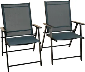 Patio Folding Chairs Set of 2, Outdoor Lawn Chairs with Rustproof Metal Frame, Portable Dining Chairs for Porch, Deck, Garden, Backyard, Camping（Dark Blue）