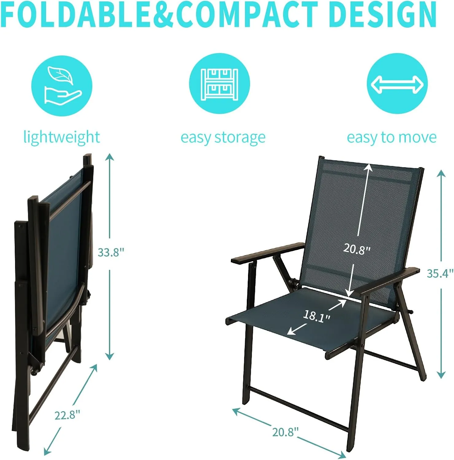 Patio Folding Chairs Set of 2, Outdoor Lawn Chairs with Rustproof Metal Frame, Portable Dining Chairs for Porch, Deck, Garden, Backyard, Camping（Dark Blue）