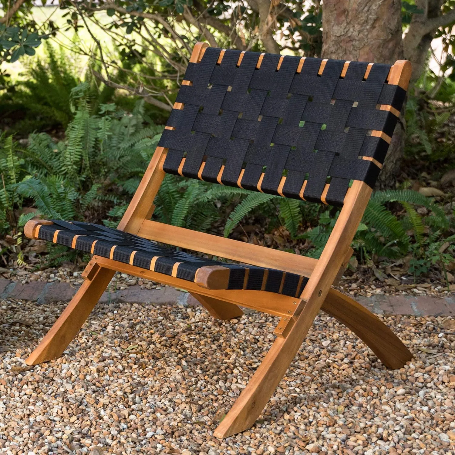 Patio Sense 62774 Sava Indoor Outdoor Folding Chair Low Slung Portable Seating Solid Acacia Wood Woven Seat & Back Indoors Porch Lawn Garden Fishing Sporting - Black Webbing