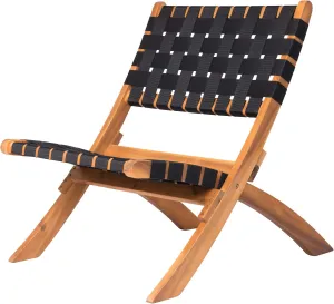 Patio Sense 62774 Sava Indoor Outdoor Folding Chair Low Slung Portable Seating Solid Acacia Wood Woven Seat & Back Indoors Porch Lawn Garden Fishing Sporting - Black Webbing