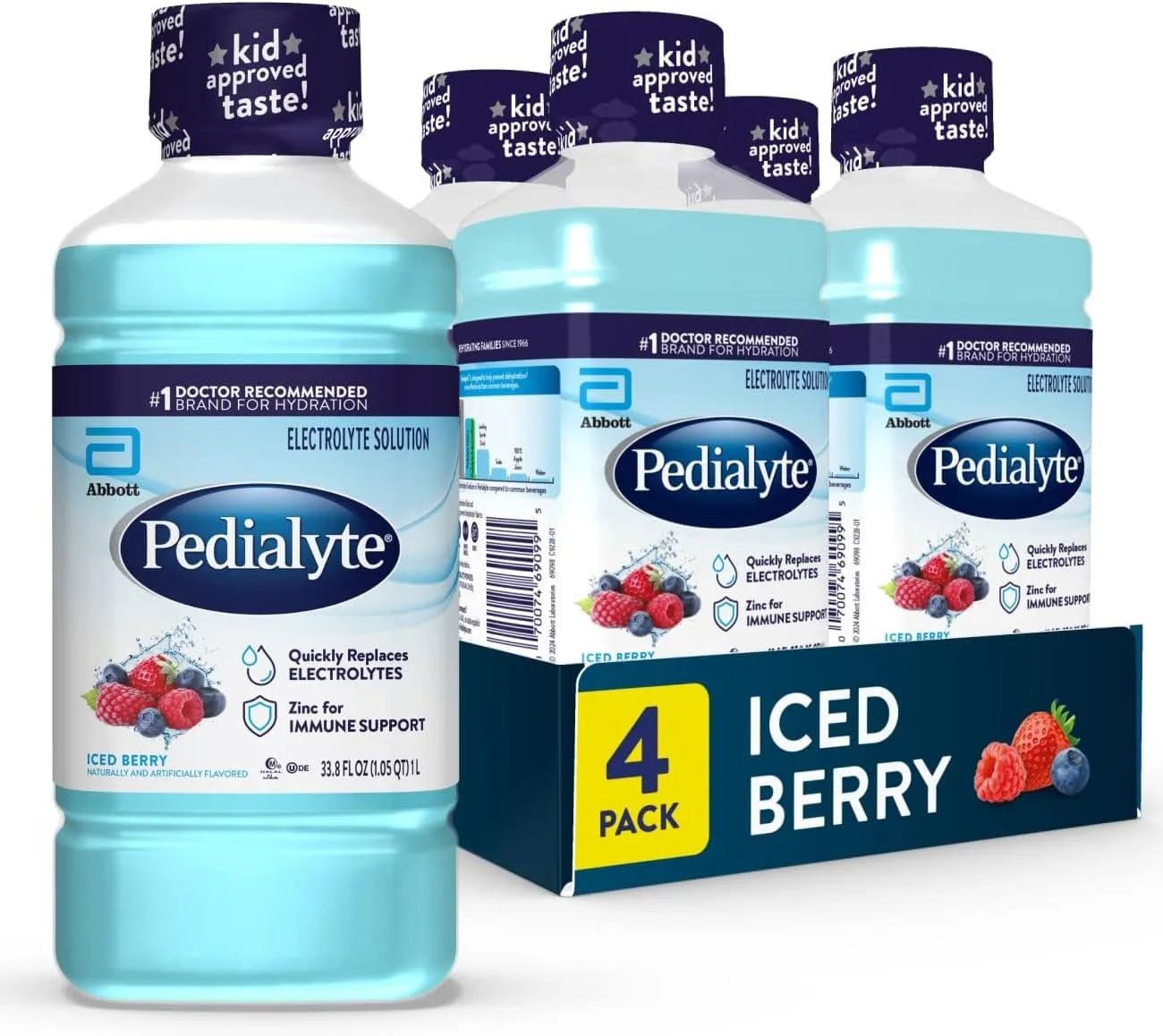 Pedialyte Electrolyte Drink, Hydration Drinks for Kids & Adults, Iced Berry, 1 Liter, Pack of 4