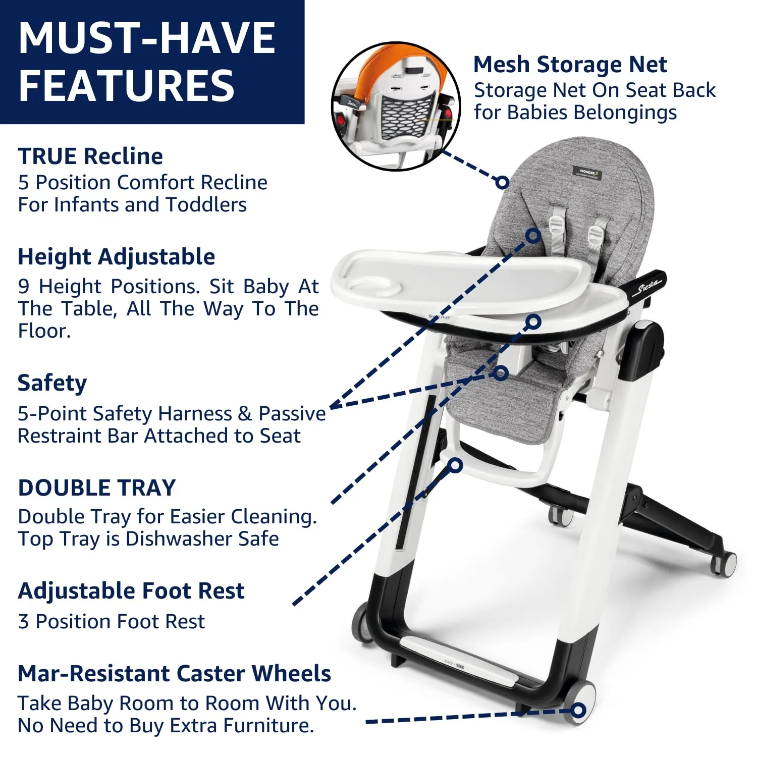 Peg Perego Siesta, Grow With Baby Folding High Chair & Recliner, Height Adjustable, Quick Clean & Easy Push Wheels For Babies & Toddlers, Made in Italy, Berry (Raspberry)