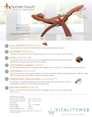 Perfect Chair Human Touch PC-600 Omni-Motion Silhouette Power Walnut Zero-Gravity Recliner   Memory Foam Plus Kit - Black SoftHyde Vinyl