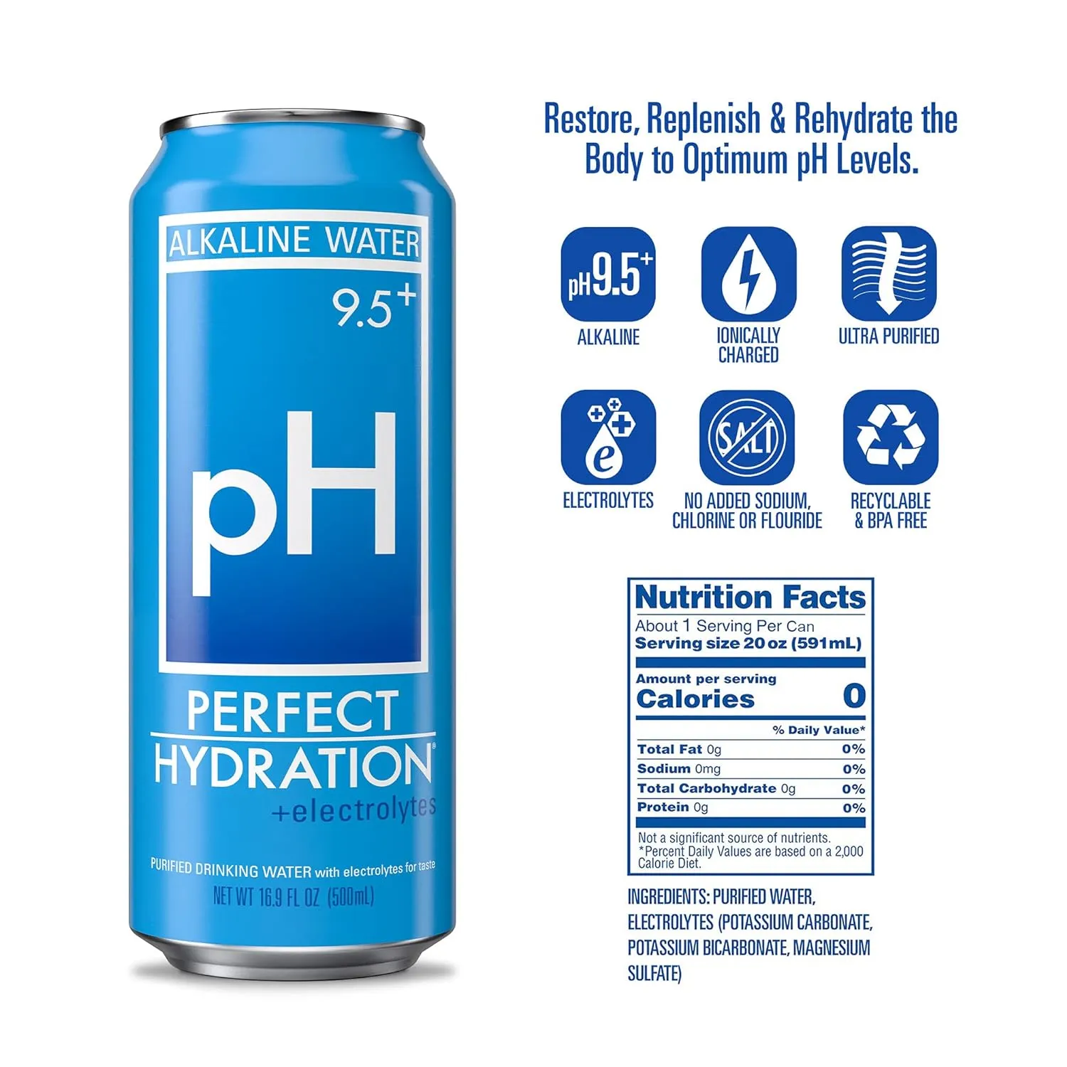 Perfect Hydration 9.5  ph Alkaline Water, 16.9 oz Recyclable Aluminum Cans | 9x Purified | Electrolyte Minerals for Taste | Pack of 24