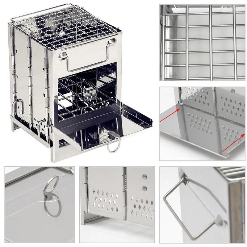 Picnic Charcoal Mini Stove Outdoor Travel Square Grill Cooking Rich collection Steel Stove Wood Firewood Folding Camping Birthday discount