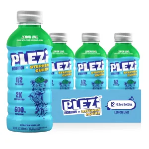 PLEZi Lemon Lime Hydration Drink x Stephen Curry - Sports Drinks with 2X the Electrolytes - 500mg Potassium, Low Sugar, No Added Sugar - 16.9 Fl Oz (12 Pack)