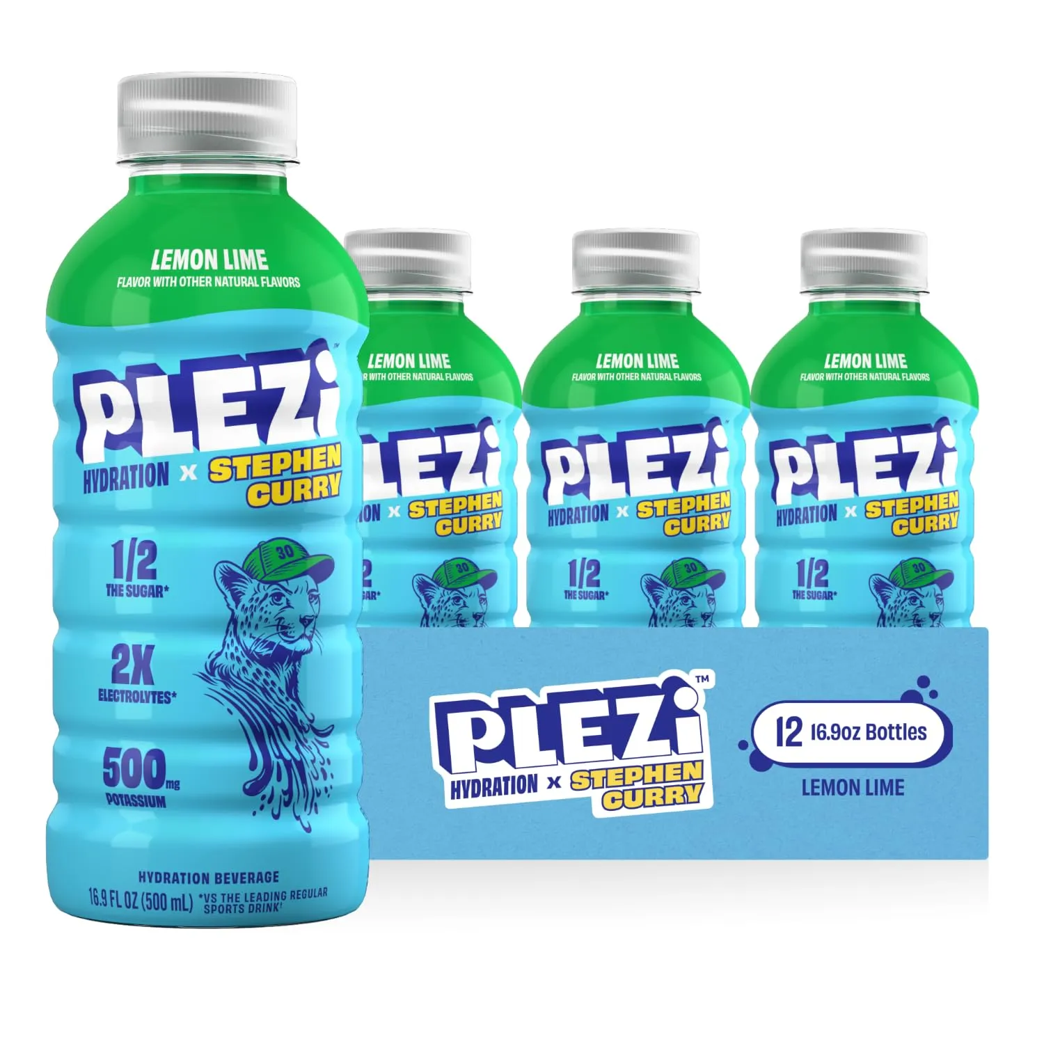 PLEZi Lemon Lime Hydration Drink x Stephen Curry - Sports Drinks with 2X the Electrolytes - 500mg Potassium, Low Sugar, No Added Sugar - 16.9 Fl Oz (12 Pack)