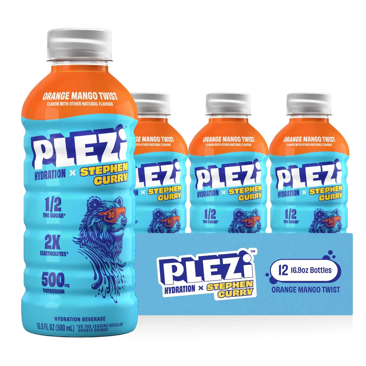 PLEZi Orange Mango Twist Hydration Drink x Stephen Curry – Sports Drinks with 2X the Electrolytes – 500mg Potassium, Low Sugar, No Added Sugar – 16.9 Fl Oz (12 Pack)