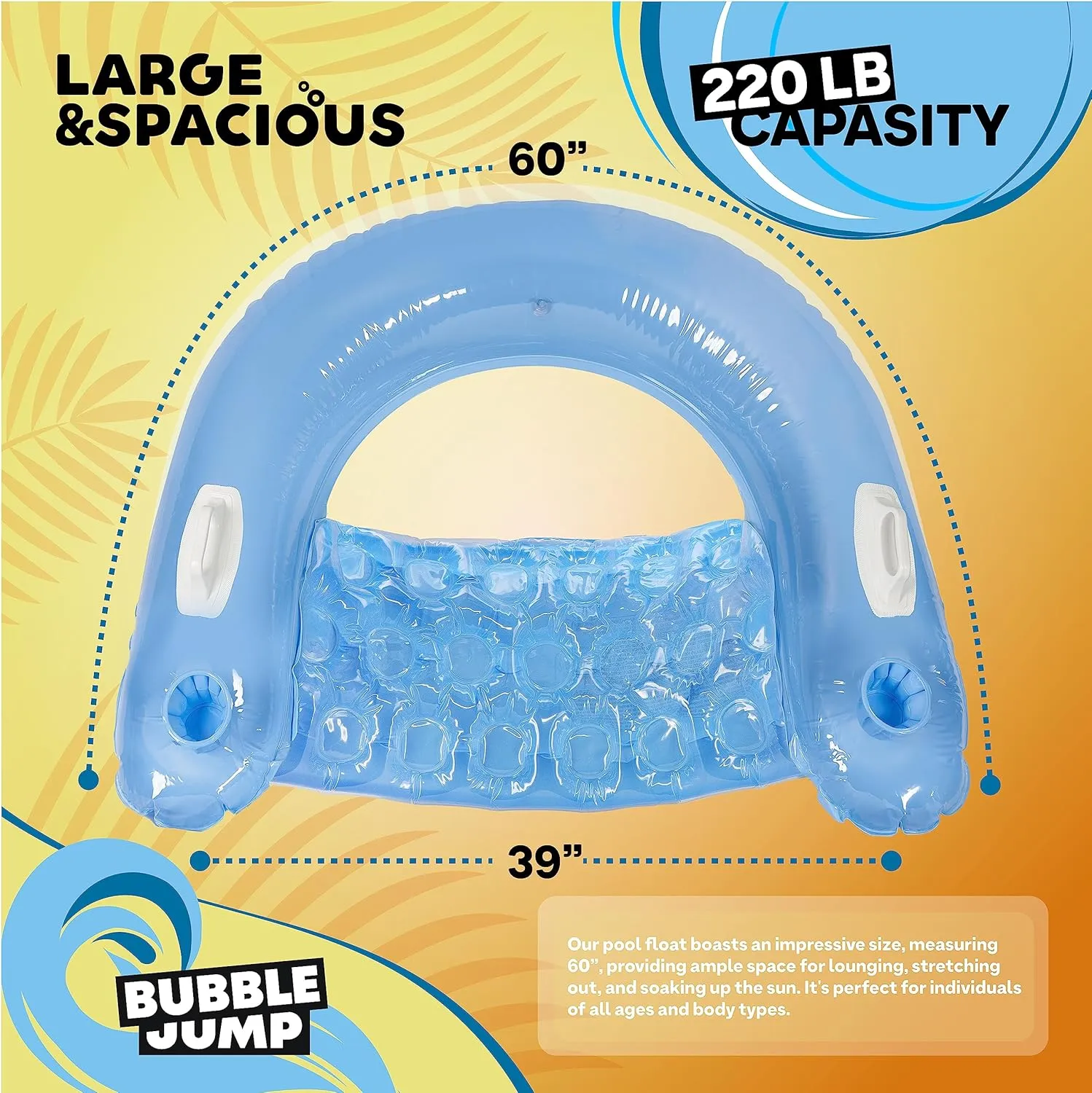 Pool Chair Float, Inflatable Chair Floats for Adults Size, Chair Pool Float with Cup Holder & Handles, Floating Chair Loungers Perfect for Pool Lake & Rivers Blue & Yellow - BUBBLE JUMP