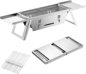 Portable Charcoal Grill, 15-inch Outdoor Small Grill, Folding Stainless Steel 304 Grill for Camping, Backyard, Boat, Comes with 50 Metal Skewers