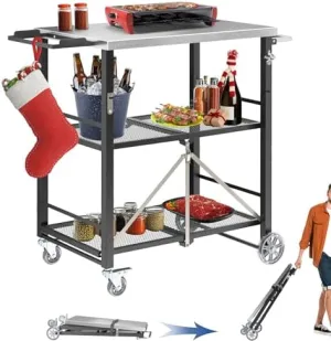 Portable Grill Table Folding Grill Cart Pizza Oven Table, Foldable Outdoor Grill Cart Portable Stainless Steel BBQ Table, Folding Kitchen Island for Ninja Woodfire Blackstone Griddle Cuisinart