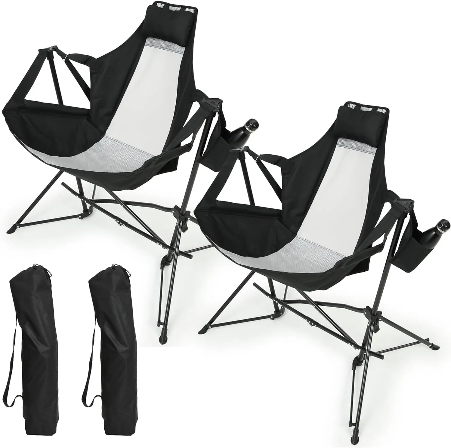 Portable Hammock Camping Chair for Relaxation and Stability, Adjustable Backrest, Includes Pillow and Cup Holder, Black (Set of 2)