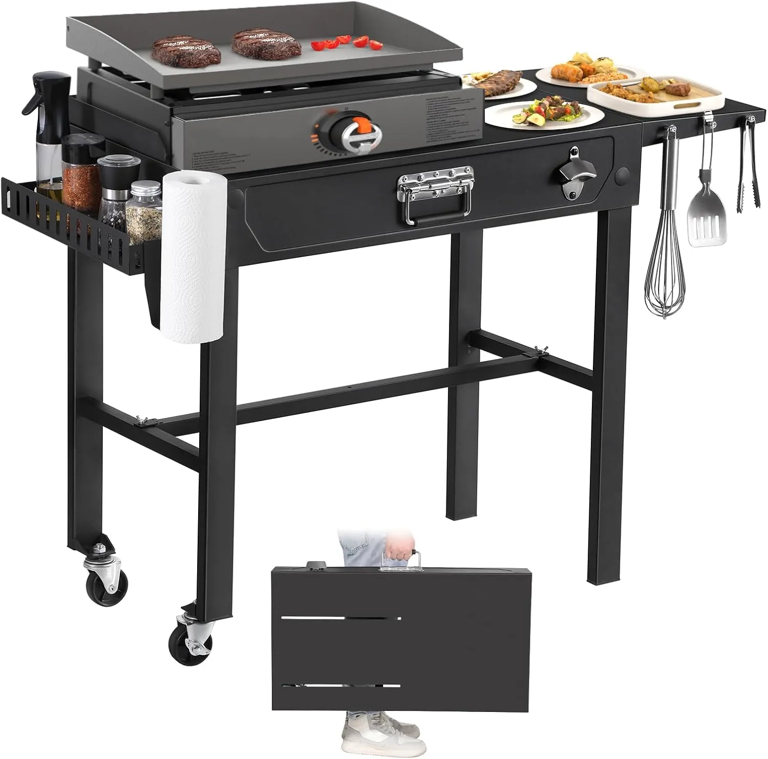 Portable Outdoor Grill Cart Folding Grill Table with Wheels Seasoning Tray Paper Towel Holder BBQ Prep Table Grill & Griddle Stand for Outdoor Cooking Camping Tailgating